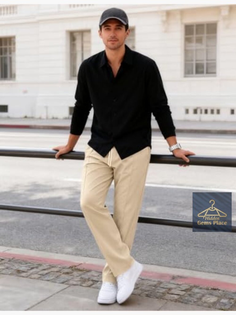 Men's Elastic Waist Lightweight Loose Fit Pleated Casual Pants Tapered Cropped - Picture 5 of 7